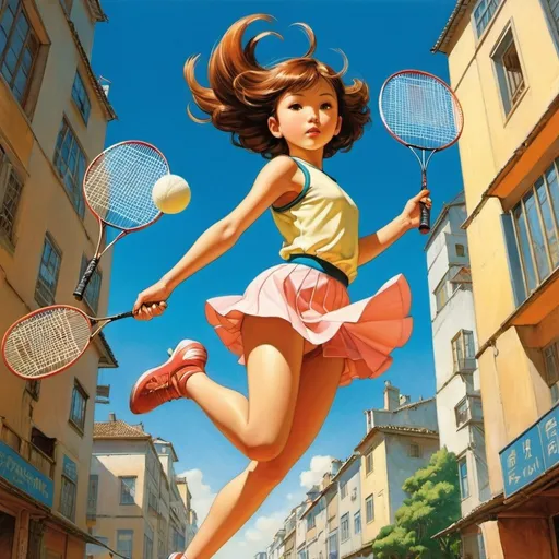 Prompt: Mabel Attwell, João Fahrion, Leon Underwood full colours, Toshiko Ueda, J. Carlos, Surrealism, wonder, strange, fantastical, fantasy, Sci-fi, Japanese anime, giant badminton shuttlecock, Metropolis at sunrise, miniskirt future beautiful girl, perfect voluminous dodgy, dynamic action poses, detailed masterpiece 