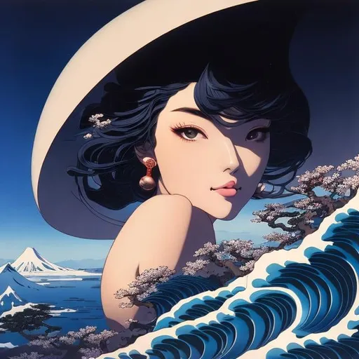 Prompt: Hokusai, Keith Parkinson, Surreal, mysterious, strange, fantastical, fantasy, Sci-fi, Japanese anime, shrine grounds, living crystal moon, transmission, reflection, refraction, flying miniskirt beautiful girl, perfect voluminous body, detailed masterpiece 