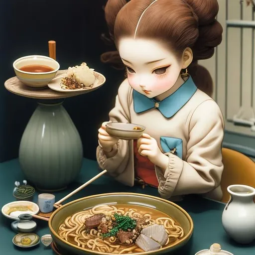 Prompt: katsuhiro Otomo, A E  Marty, Kate Greenaway, Frank Pape, Japanese Anime, surreal, mysterious, bizarre, fantastical, fantasy, sci-fi, ramen 食べ比べ, which is delicious, pork bone or soy sauce? Girl Alice eating Ramen noodles with one pair of chopsticks in hand, Alice wearing skintight white space suit, beautiful perfect voluminous body, smiling happily, hyper detailed, high resolution high definition high quality masterpiece, face detailed, hands detailed