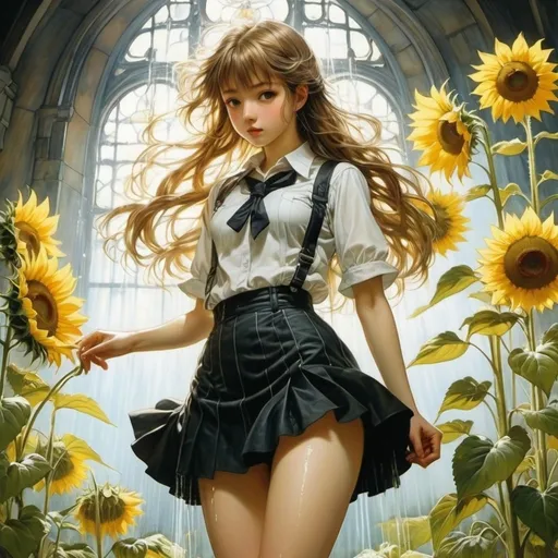 Prompt: Arthur Rackham, Johann Baptist Zwecker, Gustav Adolf Closs, Hisui Sugiura, Grzegorz Rosiński, Surrealism Mysterious Weird Fantastic Fantasy Sci-fi, Japanese Anime, Shower of sunflower light, Beautiful high school girl in a miniskirt photosynthesizing, perfect voluminous body, detailed masterpiece 