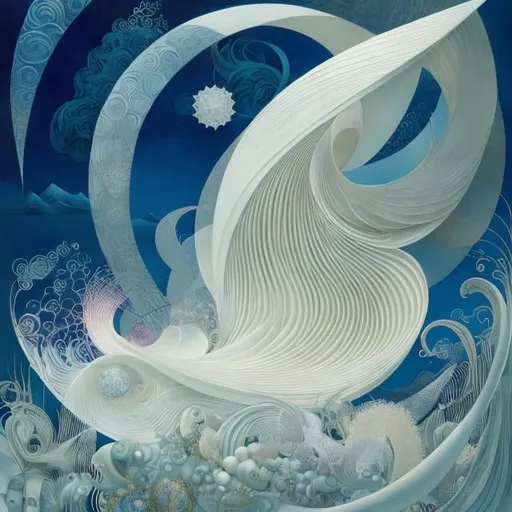 Prompt: Kay Nielsen, Sandrine Gestin, Surreal, mysterious, bizarre, fantastical, fantasy, Sci-fi, Japanese anime Twisting paper, weaving, overlapping, winding, tearing, bending, making cuts and lifting, crumpling, making pleats, flat folding and mirror transformation, origami Beautiful girl, perfect voluminous body, detailed masterpiece 