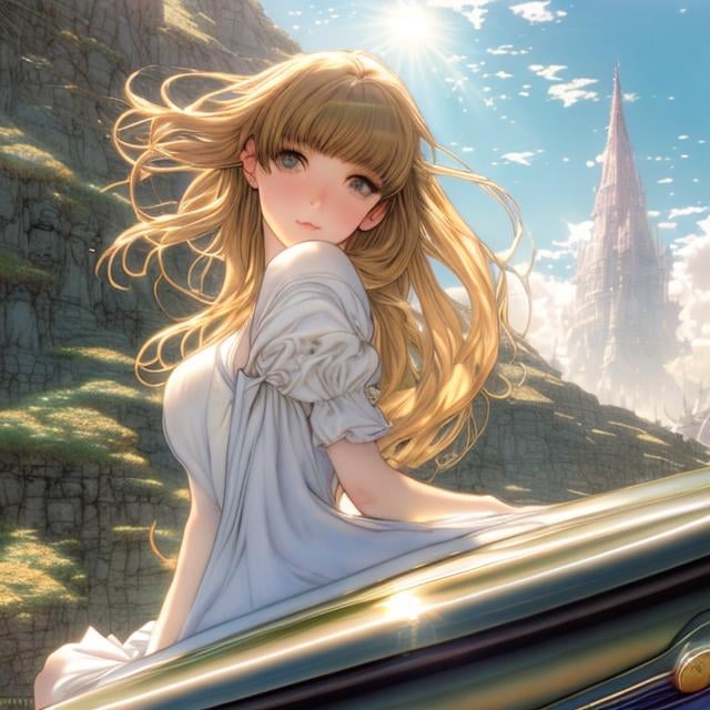 Prompt: Arthur Rackham, Jean Giraud, Walter Crane Anime　wondrous　strange　Whimsical　surreal　fanciful　Sci-Fi Fantasy　Galactic Highway　Light yellow FIAT500 giant Saturn in front　stele々　Miniskirt high school girl posing sitting on the hood　a beauty girl　Wide Angle　hyperdetailed high definition high resolution high quality masterpiece 