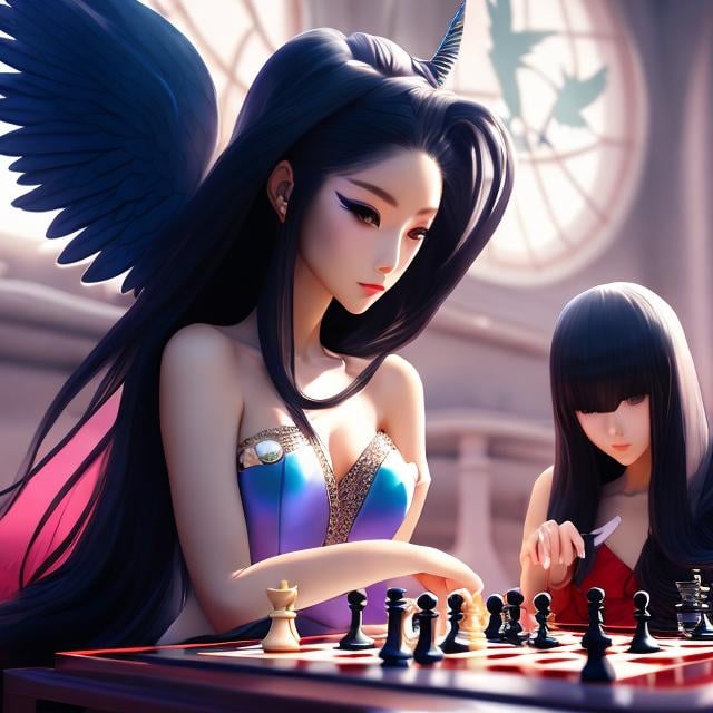 Prompt: Else Wenz-Vietor, Kazue Kato, Mysterious, bizarre, surreal, fantastical, fantasy, Sci-fi, Japanese anime, miniskirt beautiful girl devil and angel playing chess, perfect voluminous body, detailed masterpiece perspective angles 