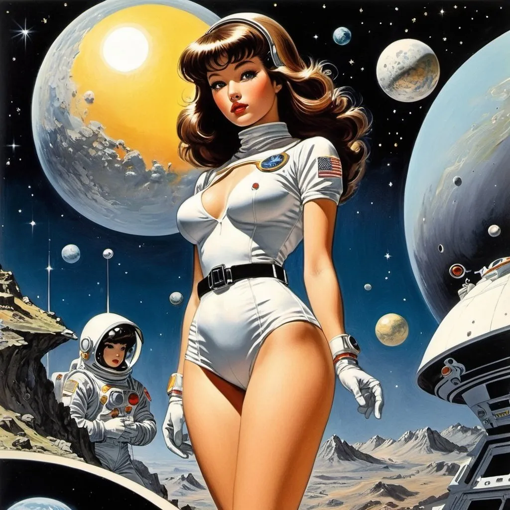 Prompt: Wally Wood, Jean-Michel Moreau, Surreal, mysterious, strange, fantastical, fantasy, Sci-fi, Japanese anime, planet roulette, fate of the universe, miniskirt beautiful astronaut, perfect voluminous body, detailed masterpiece 