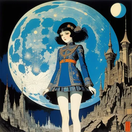 Prompt: Harry Clarke, Wally Wood, Michael Hague, Sidney Sime, Surrealism Mysterious Bizarre Fantastic Fantasy Sci-fi, Japanese Anime, Utopia on the other side of the moon City of Light Miniskirt Beautiful High School Girl, perfect voluminous body, detailed masterpiece bird’s eye view zoom in 
