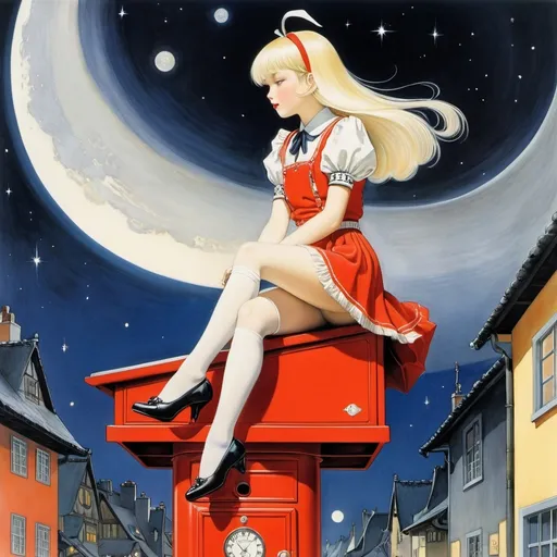 Prompt: Kay Nielsen, Matsuri Hino, Margaret Tarrant, José Villarrubia, Mabel Attwell, Surrealism, wonder, strange, bizarre, fantasy, sci-fi, Japanese anime, beautiful blonde miniskirt girl Alice sitting on top of a red mailbox, perfect voluminous body, waiting for the galactic mailman to arrive, from night to morning, detailed masterpiece low high angles perspectives zoom in 