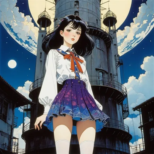 Prompt: Harry Clarke, Michel Gay, Antonio Juez Nieto, Rafael de Penagos, Philippe Fix, Surrealism, wonder, strange, bizarre, fantasy, Sci-fi, Japanese anime, looking for a sense of wonder, traveling around, water tower cat, miniskirt beautiful high school girl, perfect voluminous body, detailed masterpiece 