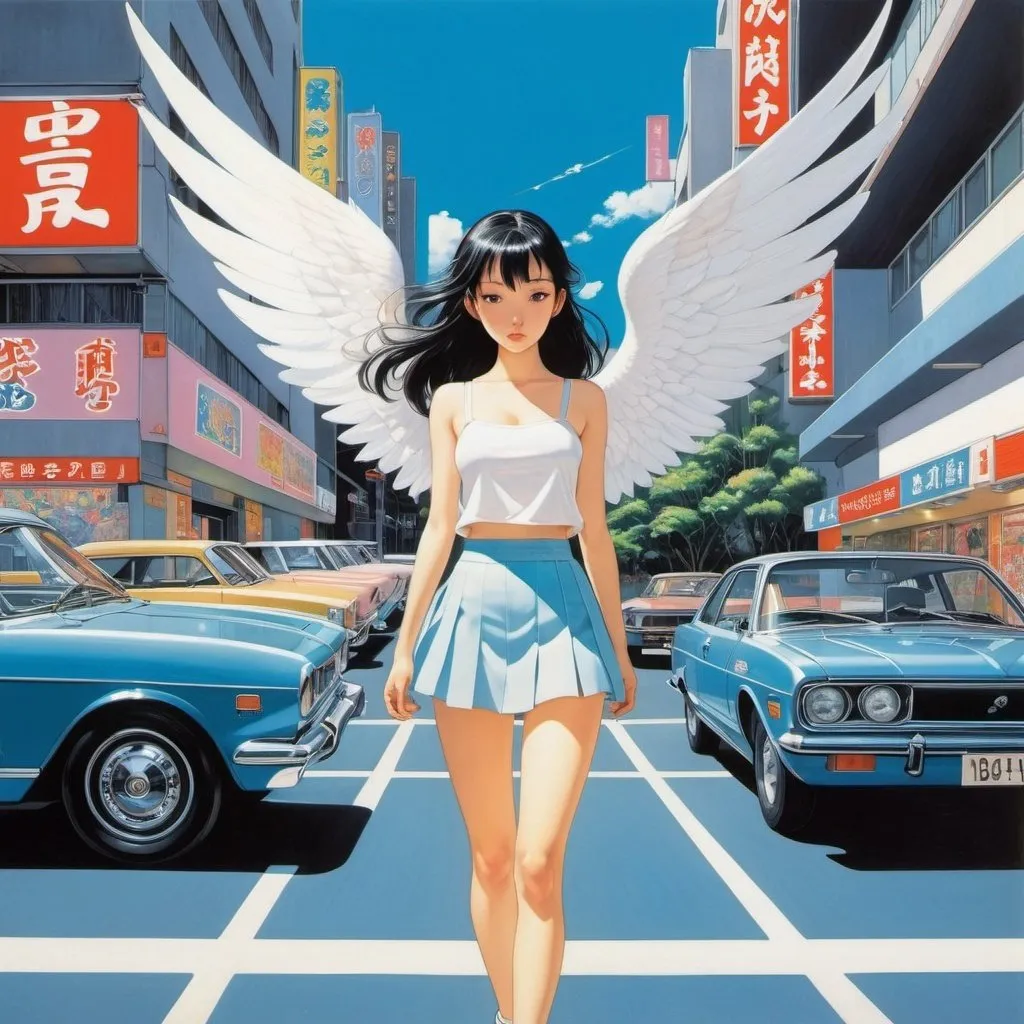 Prompt: Brecht Evens, Matsuri Akino, Nami Akimoto, Gustaf Fjæstad, Hajime Sorayama, Surrealism Mysterious Bizarre Fantastic Fantasy Sc-fi, Japanese Anime, Gyroscope, Comet in the Parking Lot, Miniskirt Beautiful High School Girl Angel, perfect voluminous body, detailed masterpiece 