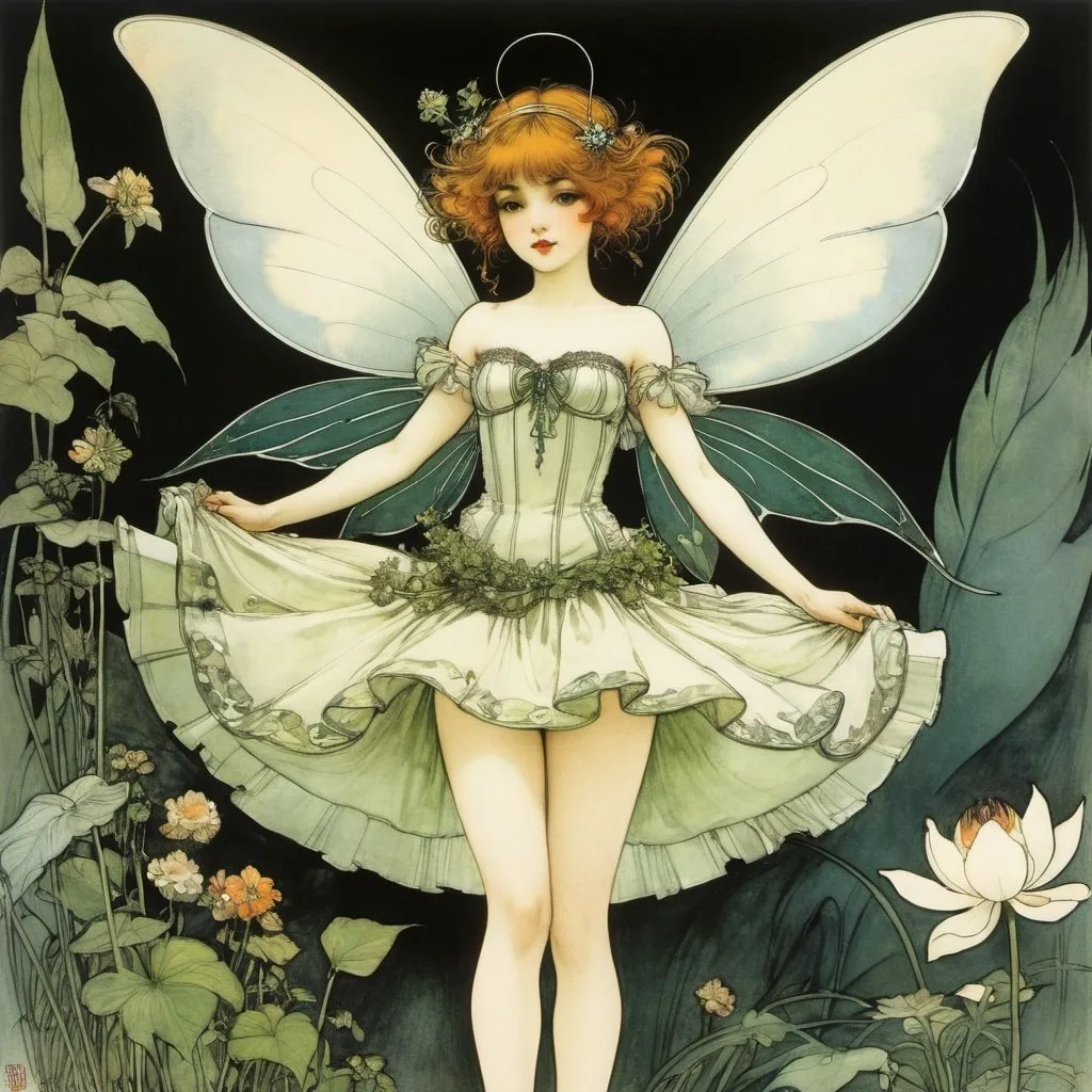 Prompt: Arthur Rackham, Leon Bakst, Surreal, mysterious, strange, fantastical, fantasy, Sci-fi, Japanese anime, miniskirt princess of the plant world, perfect voluminous body, little fairies serving princess, detailed masterpiece 