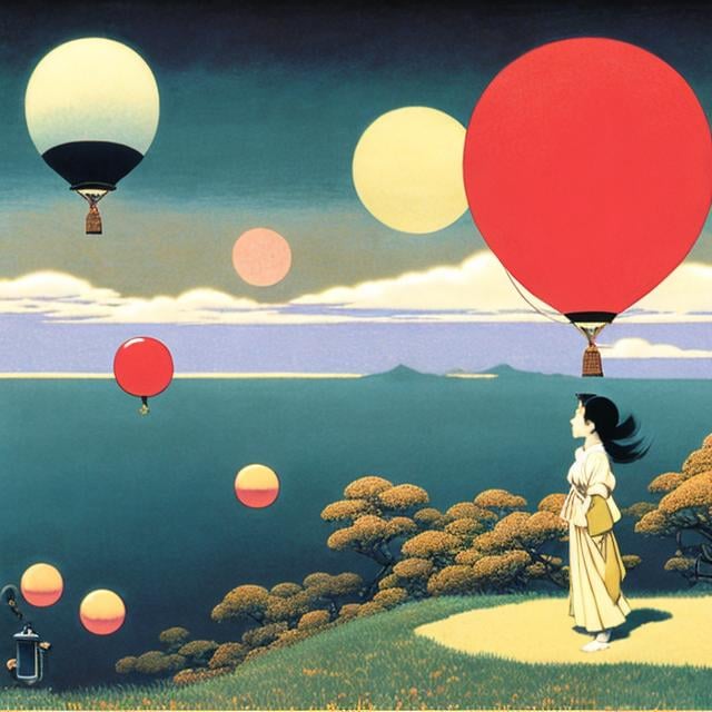 Prompt: Hasui Kawase, Théophile Steinlen, Surreal, mysterious, strange, fantastical, fantasy, Sci-fi, Japanese anime, fish balloon, rainbow coming from underground, beautiful girl blowing soap bubbles, perfect voluminous body, detailed masterpiece 