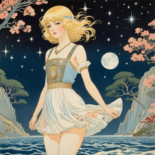 Prompt: Anne Anderson, George Barbier, Surreal, mysterious, strange, fantastical, fantasy, Sci-fi, Japanese anime From this shore to the other shore with love Flower decorations of distant prayers Come, hero, my destiny is beyond the stars Alice, the beautiful blonde miniskirt girl, perfect voluminous body, detailed masterpiece 