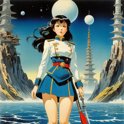 Prompt: Kōji Fukiya, yuu Watase, Eugène Grasset, Satomi Ichikawa, Max Ernst, Surrealism Mysterious Weird Fantastic Fantasy Sci-fi, Japanese Anime, Well in the Tower, Beyond the Sea of ​​Groundwater, Miniskirt Beautiful Girl Captain, perfect voluminous body, detailed masterpiece 