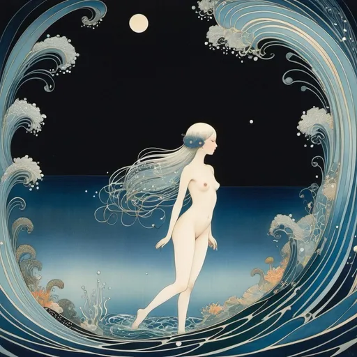 Prompt: Kay Nielsen, Jose (Pepe) Gonzalez full colours, Surreal, mysterious, strange, fantastical, fantasy, Sci-fi, Japanese anime, night view of the deep sea, beautiful swimming girl, perfect voluminous body, wet skin glistening, detailed masterpiece 