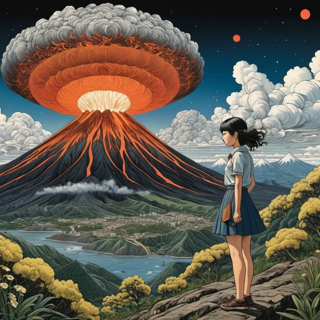 Prompt: Yuko Shimizu, Stevan Dohanos, Lebbeus Woods, Fabrizio Clerici, Josef Čapek, Surrealism, wonder, strange, fantastical, fantasy, Sci-fi, Japanese anime, blueprints and cross-sections of erupting volcanoes, perspective, free research during summer vacation, beautiful high school girl in miniskirt, perfect voluminous body, detailed masterpiece 