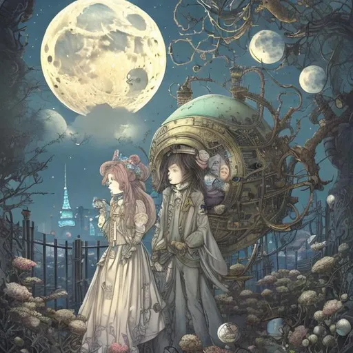 Prompt: Charles Doyle, Kate Greenaway, Japanese anime, surreal fantasy, strange, bizarre, sci-fi fantasy, moonlight Alice, bowed moon, tea party on the moon, elevator to the moon, moonlight gate, laurel, hyperdetailed high definition high resolution high quality masterpiece 