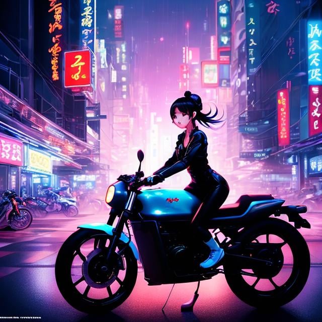 Prompt: Margaret Tarrant, James Jean, Katsuhiro Otomo, surreal, mysterious, strange, fantastic, fantasy, Sci-fi, Japanese anime, miniskirt beautiful combat girl Alice, perfect voluminous body, riding a motorcycle, night city, huge moon, neon sign, night view, hyper detailed masterpiece depth of field cinematic lighting 