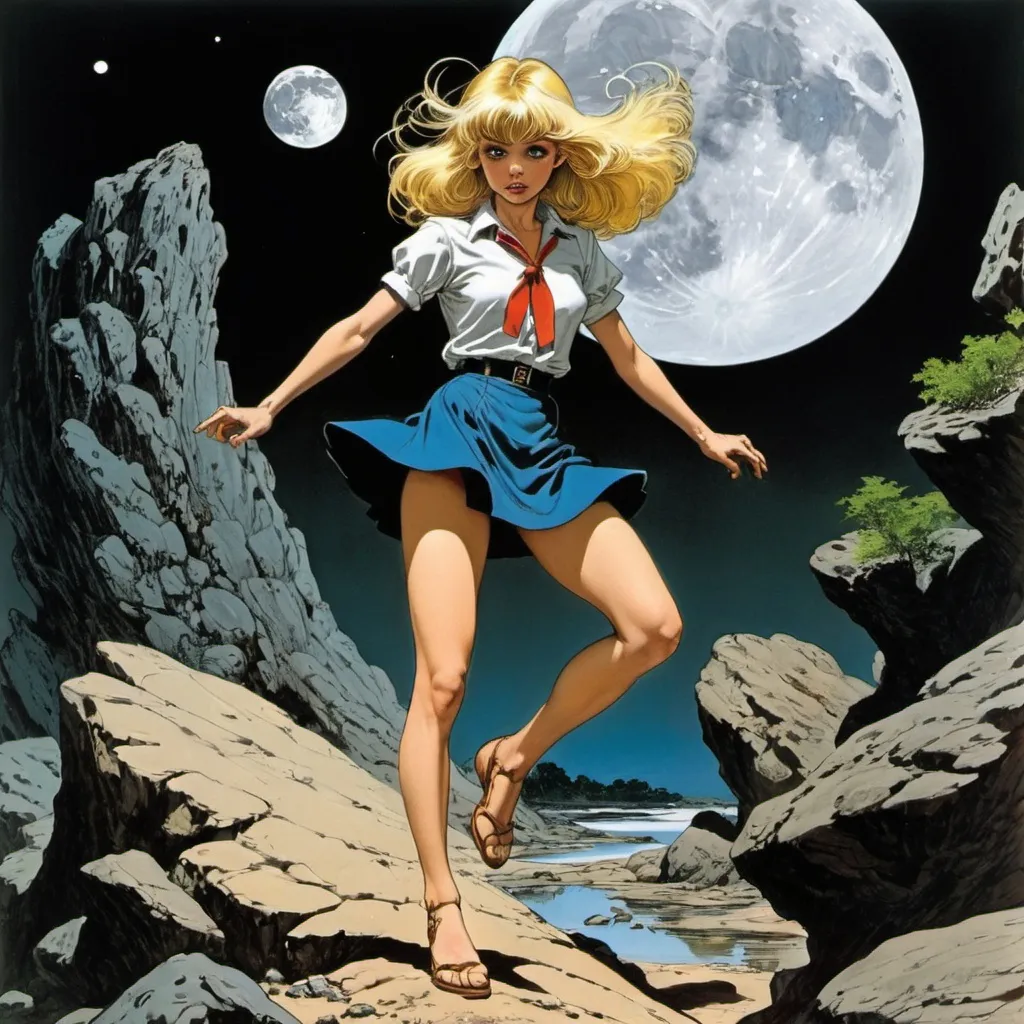 Prompt: Bernie Wrightson, Wally Wood, Kevin Nowlan, Tom Sutton, Surrealism, wonder, strange, bizarre, fantasy, Sci-fi, Japanese anime, big box and snuff bottle, mica river, dancing on stones, moon sand, blonde miniskirt beautiful girl Alice, perfect voluminous body, detailed masterpiece 