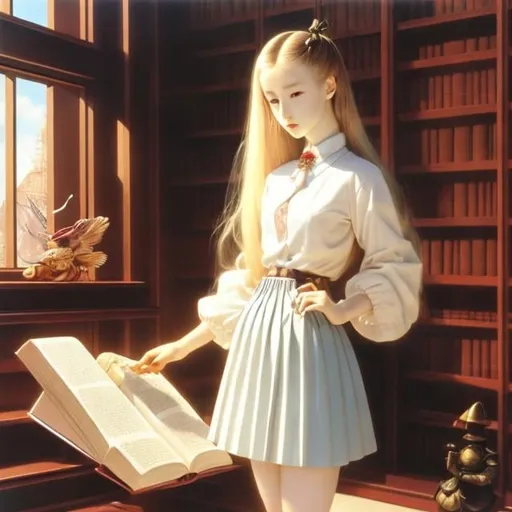 Prompt: Konstantin Vasilyev, Katsuhiro Otomo, Surreal, mysterious, strange, fantastical, fantasy, Sci-fi, Japanese anime, beautiful blonde miniskirt girl Alice comes out of an open book, perfect body, in the library, detailed masterpiece 