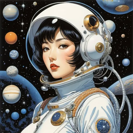 Prompt: George Barbier, Harumi Yamaguchi, Nataniel Cox Méndez, Merja Aletta Ranttila, Masamune Shirow, Surrealism, mysterious, bizarre, bizarre, fantasy, Sci-fi, Japanese anime, pop-up picture book solar system, beautiful girl in a space suit, perfect voluminous body, detailed masterpiece 