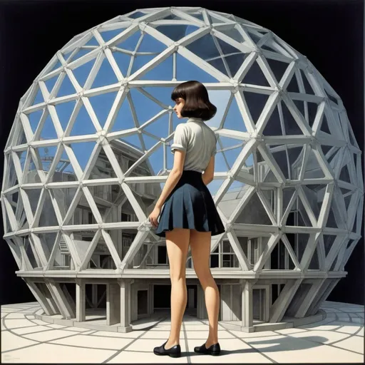 Prompt: Felice Casorati, David A. Hardy, M C Escher, Surreal, mysterious, bizarre, fantastical, fantasy, Sci-fi, Japanese anime, geodesic dome blueprints and architecture, glass, perspective and cross-sectional views, perspective, miniskirt beautiful girl researcher, perfect voluminous body, detailed masterpiece 