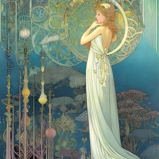 Prompt: Kay Nielsen, Heath Robinson, George Barbier, Barbara Cooney, Alphonse Mucha, Surreal Mystery Weird Fantastic Fantasy Sci-fi, Report on the Star World,  Celestial Miniskirt Beautiful Girl, perfect voluminous body, Handmade Telescope, Astronomical Observation, Optical Lens Design, Surface of the Moon, Milky Way, Laws of Falling Objects, Moon Star Jupiter and its Four Satellites, Cosmology, Earth world and heaven world, detailed masterpiece, high resolution definition quality, depth of field, cinematic lighting 