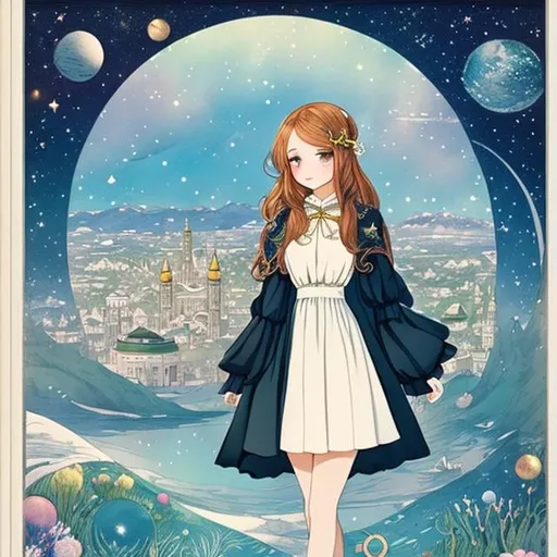 Prompt: Kate Greenaway, Charles Folkard, animesque　surreal　fanciful　wondrous　strange　Whimsical　Sci-Fi Fantasy　Autochthonous dreams　Starry window　A glass plate cut out of outer space　Sea fingers　Super Miniskirt High School Girl