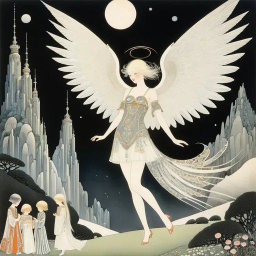 Prompt: Kay Nielsen, Heinrich Lefler, Surreal, mysterious, strange, fantastical, fantasy, Sci-fi, Japanese anime, playing with dolls, groping for the scenery, meeting of pictures and words, miniskirt beautiful angel, perfect voluminous body, detailed masterpiece 