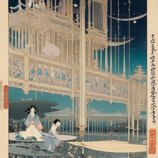 Prompt: Wilhelm Barth, Ukiyo-e style Japanese anime, Charles Robinson, Frank Pape, Kay Nielsen, Surreal, mysterious, bizarre, bizarre, absurd, fantasy, Sci-fi fantasy, a girl, water transport elephant stand, 11th century Chinese astronomical observation clock tower, mineral collection, spherical trigonometry