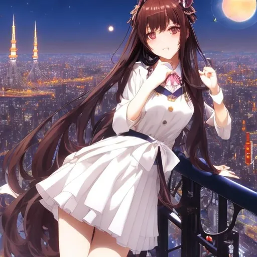 Prompt: Ichigo Takano, Alphonse Mucha, Surreal, mysterious, strange, fantastic, fantasy, Sci-fi, Japanese anime, a giant Newton's cradle floating in the sky, a beautiful high school girl in a miniskirt, perfect body, Tokyo night view, detailed masterpiece 