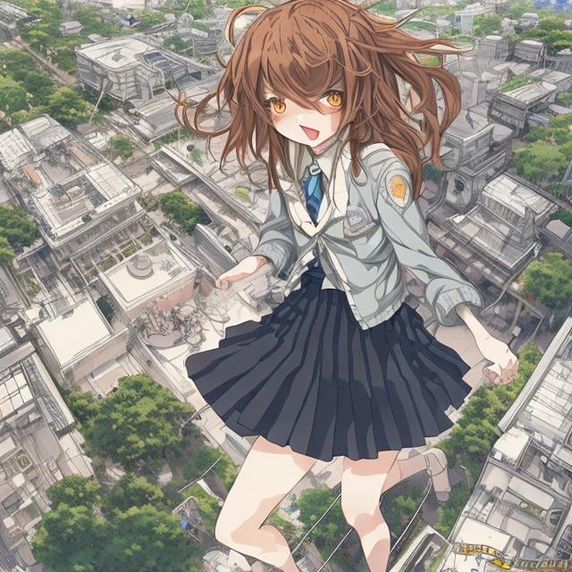 Prompt: Kenji Tauruta, Kate Greenaway, Japanese anime, manga lines, railgun, short skirt japanese high school girl, Academic city,  Illusion hand, talent dream road, hyperdetailed high resolution high definition high quality masterpiece 