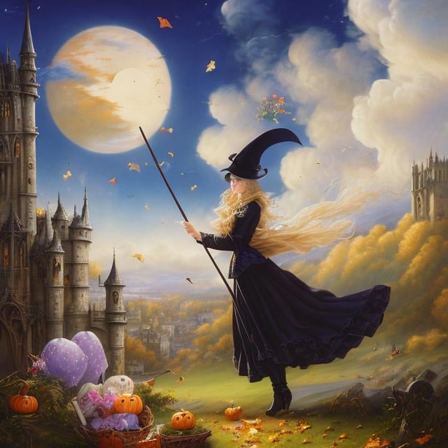 Prompt: Margaret Tarrant, Rebecca Guay, Margaret Brundage,  Surreal, mysterious, bizarre, fantastical, fantasy, Sci-fi, Japanese anime, Halloween night, trick or treat A miniskirt blonde beautiful witch flies around on a broomstick, candy and sweets are falling from the sky, composition looking up, hyper detailed masterpiece high resolution definition quality, depth of field cinematic lighting 