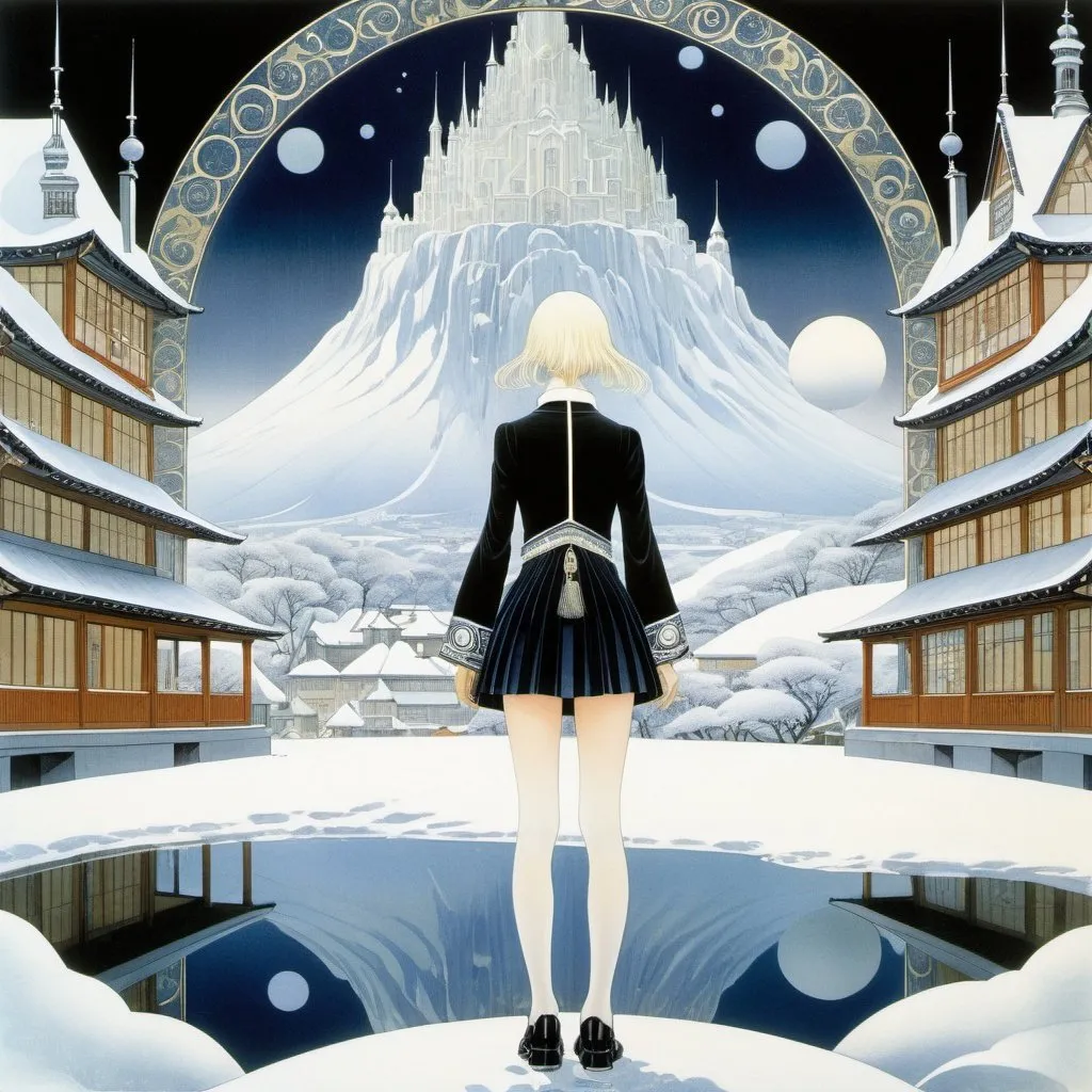 Prompt: Kay Nielsen, Gary Chalk full colours, Surreal, mysterious, strange, fantastical, fantasy, Sci-fi, Japanese anime, winter mirror, station square, beautiful high school girl in a miniskirt, perfect voluminous body, detailed masterpiece 