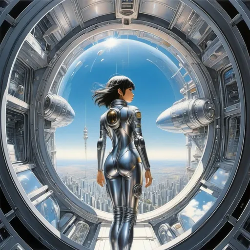 Prompt: Naoyuki Kato, Hajime Sorayama, Luis Scafati, José Luis Salinas, Cau Gomez, Surrealism, wonder, strange, bizarre, fantasy, Sci-fi, Japanese anime, futuristic city inside a shell, orbital elevator, beautiful girl in a space suit, low high angles perspectives detailed masterpiece 