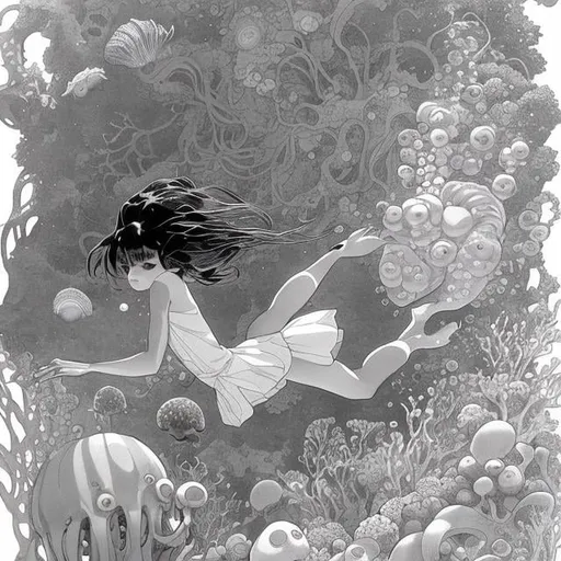 Prompt: Charles Robinson, Errol le cain, Maurice Sendak Japanese Anime　Sci-Fi Fantasy　Girl diving into the sea　Beautiful face　Miniskirt schoolgirl　monkfish　jellyfish　Coral Forest　octopuses　A large number of bubbles