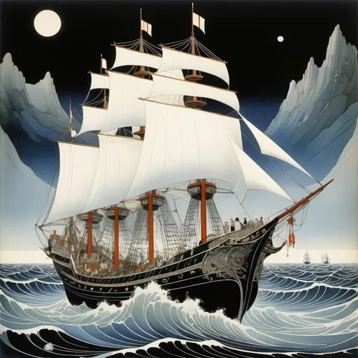 Prompt: Kay Nielsen, Maria Elisabeth Georgina Ansingh, Surreal, mysterious, strange, fantastical, fantasy, Sci-fi, Japanese anime, sea of ​​beds, sailing ship sailing, miniskirt beautiful sailor, perfect voluminous body, detailed masterpiece 