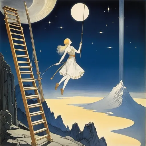 Prompt: Kay Nielsen, Robert Anning Bell, John Absolon, Jack Abeillé, Tadeusz Gronowski, Surrealism, wonder, strange, fantastical, fantasy, Sci-fi, Japanese anime, A beautiful carpenter in a miniskirt repairs a wooden moon, perfect voluminous body, Climbing a ladder from the top of a mountain, detailed masterpiece 