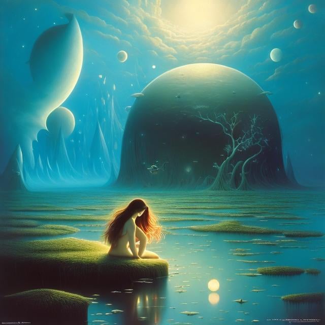 Prompt: Jaroslaw Jasnikowski, Minako Narita, Surreal, mysterious, strange, fantastical, fantasy, Sci-fi, Japanese anime, when the earth was a universe, voyage, constellations sleeping in the sea, beautiful girl, perfect voluminous body, detailed masterpiece 