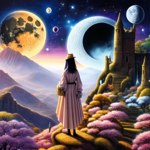 Prompt: Thomas Crane, Edmund Swinglehurst, Surreal Mystery Bizarre Fantastic Fantasy SF, Japanese Anime, Golden Mini Scarf Alice Beautiful Girl Playing with Crescent Moon Jigsaw Puzzle, Outer Space, The Steps of the Moon and the Earth, detailed masterpiece 