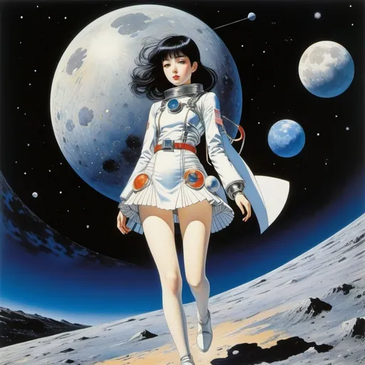 Prompt: Harry Clarke, Naoyuki Kato, Hajime Sorayama, Surreal, mysterious, strange, fantastical, fantasy, Sci-fi, Japanese anime, miniskirt beautiful girl walking in space, perfect voluminous body, rocket and moon, detailed masterpiece 