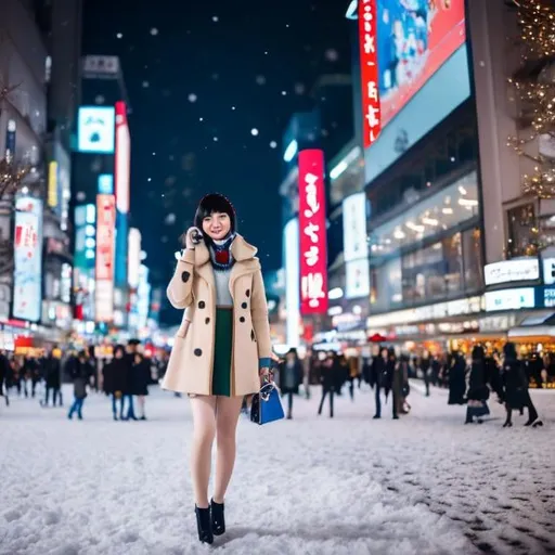 Prompt: Yoshiko Nishitani, Walter Crane, Surreal, mysterious, bizarre, fantastical, fantasy, Sci-fi, Japanese anime, beautiful blonde miniskirt girl Alice enjoying Christmas shopping, perfect body, many shopping bags in both hands, Tokyo Omotesando, walking in the crowd, scattered snow, Christmas tree and city illuminations in the background, smiling face, detailed masterpiece 