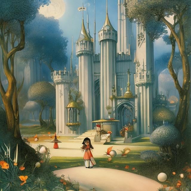 Prompt: Kate Greenaway, Margaret Tarrant, Frank Pape, Remedios Varo Anime Surreal Mysterious Weird Fantastic Sci-fi Fantasy, School Sandbox Kingdom, Castle, Forest, Knight, Girl, hyperdetailed high resolution high definition high quality masterpiece