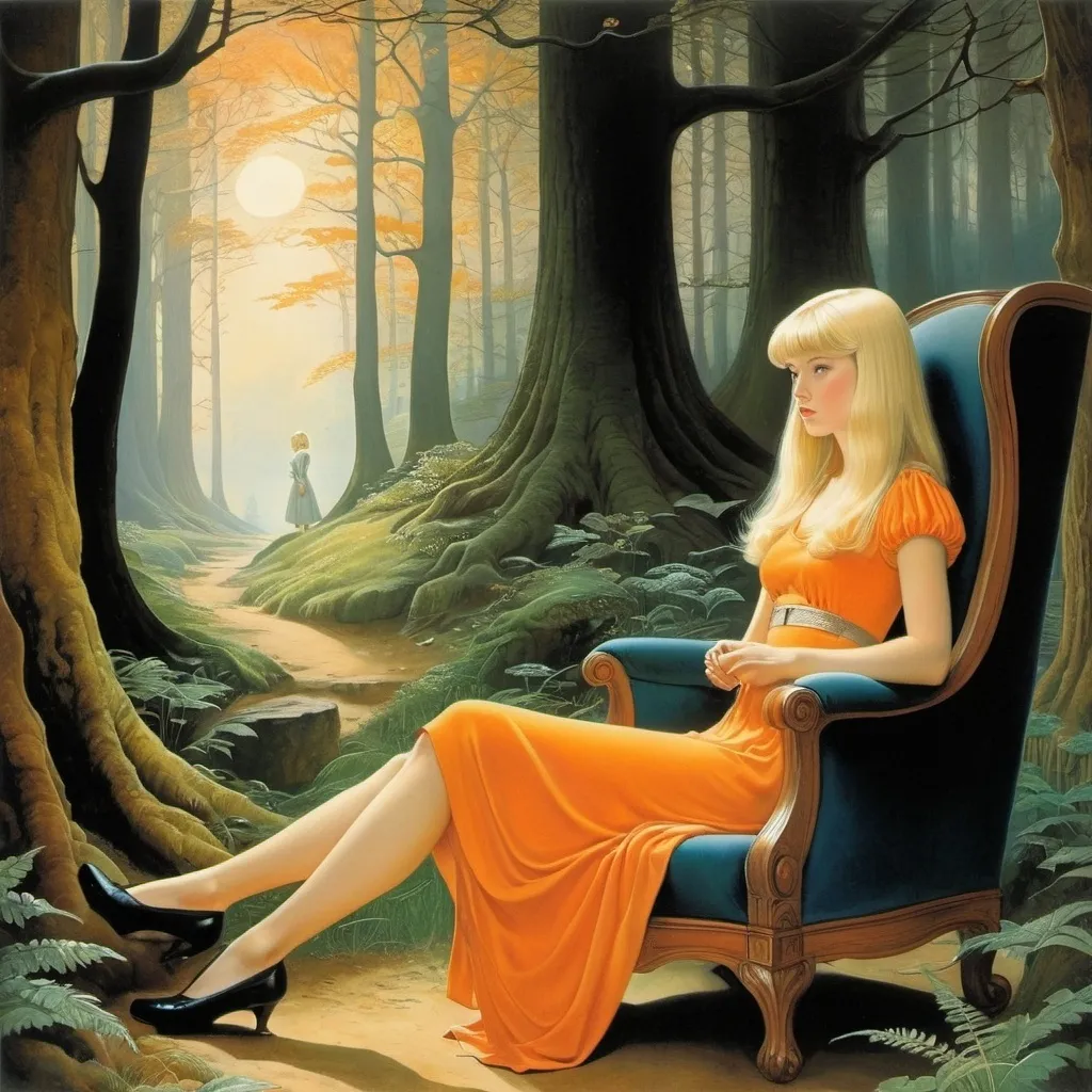 Prompt: Angela Barrett, Olivia Lomenech Gill, Mervyn Peake full colours, Surrealism Rene bull, William Tomlinson, Mysterious Weird Fantastic Fantasy Sci-Fi, Japanese Anime, Forest in a Box, Guardian of the Dawn, Orange, On a Chair, Blonde Miniskirt Beautiful Girl Alice, perfect voluminous body, detailed masterpiece 