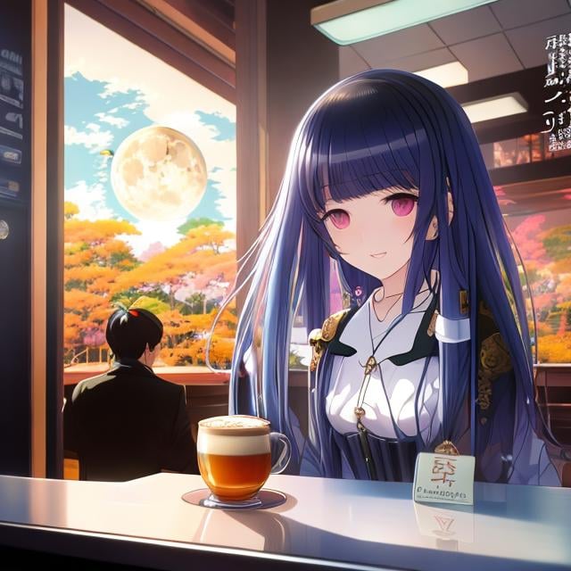 Prompt: Charles Doyle, Johannes Kepler, Japanese anime surreal mysterious bizarre sci-fi fantasy, moon sinking to the bottom of a cup, cafe counter, a girl sitting at the counter, hyperdetailed high resolution high definition high quality masterpiece