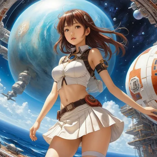 Prompt: Tatsuyuki Tanaka, Koji Morimoto, Surreal, mysterious, strange, fantastic, fantasy, Sci-fi, Japanese anime, soft mechanical miniskirt beautiful girl, perfect voluminous body, connected worlds, ocean, nebula, Mars, starship, detailed masterpiece wide angles perspectives zoom in 