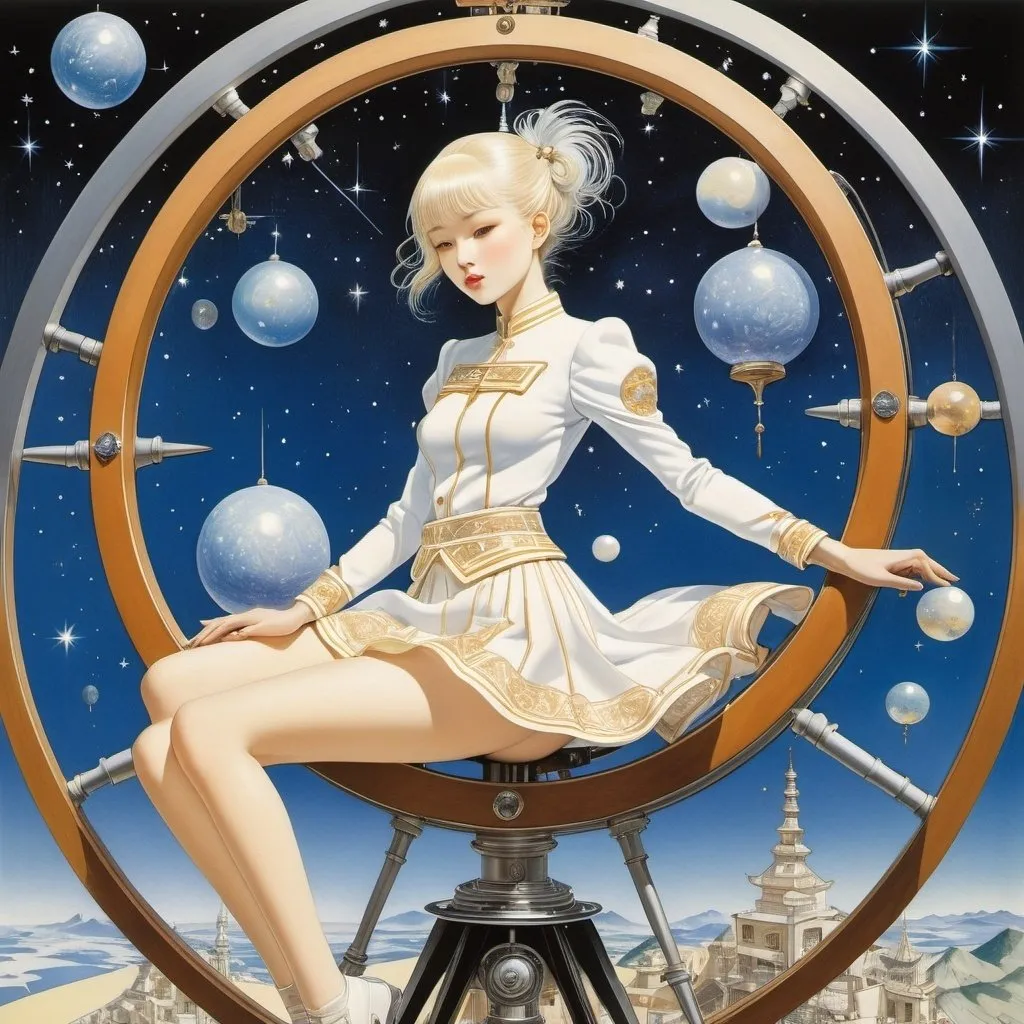 Prompt: Kay Nielsen, Hajime Sorayama, Adrian Ludwig Richter, Moto Hagio, Hans Christiansen, Surrealism, wonder, strange, bizarre, fantasy, sci-fi, Japanese anime, pottery studio baking with the heat of the stars, beautiful miniskirt high school girl spinning the galactic wheel, perfect voluminous body, shaping the planet, detailed masterpiece cute happy coquettish 