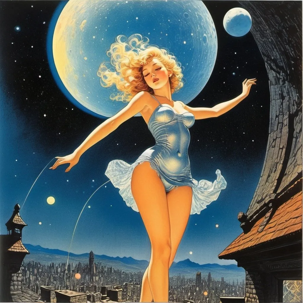 Prompt: Virgil Finlay full colours, Hans Bellmer, Sydney Sime, Edmond Dulac, Ichiro Tsuruta, Surrealism, wonder, strange, bizarre, fantasy, sci-fi, Japanese anime, meteor shower in the underground world, between the lunar and solar eclipses, a beautiful high school girl in a miniskirt dives into the night sky, perfect voluminous body, detailed masterpiece cute coquettish 