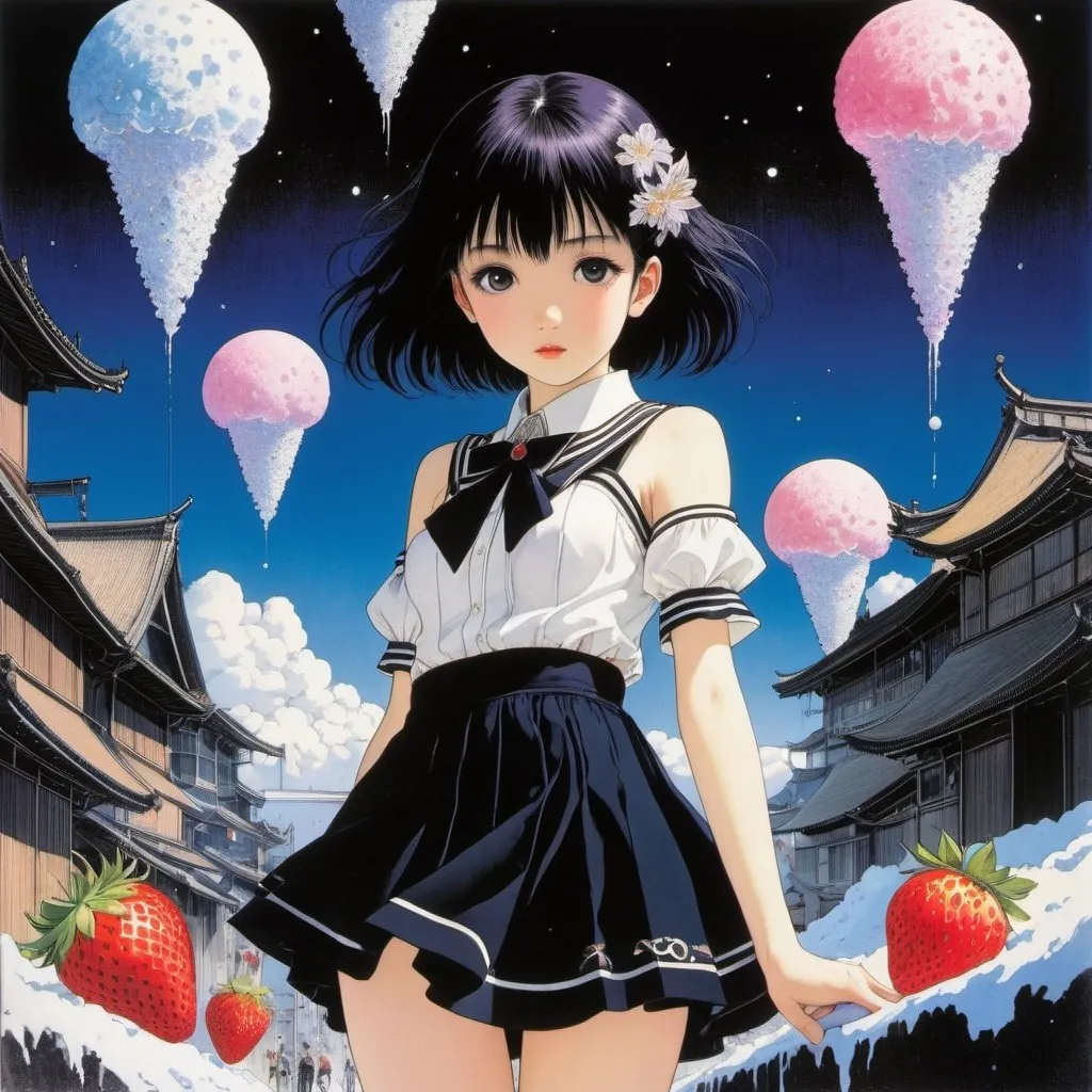 Prompt: Harry Clarke, Yana Toboso, Kore Yamazaki, Robin Ray, Surrealism Mysterious Weird Fantastic Fantasy Sci-fi, Japanese Anime, Strawberry Milk Shaved Ice, Pilgrimage to Holy Land, Beautiful Japanese High School Girl in Mini Skirt, perfect voluminous body, detailed masterpiece 