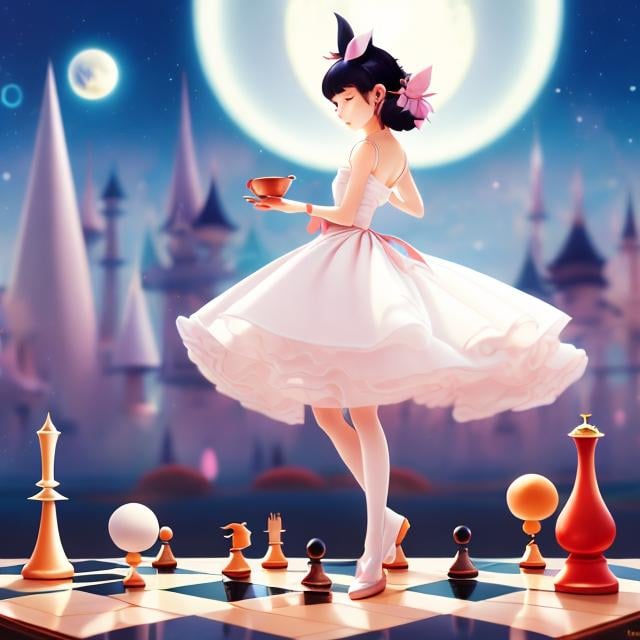 Prompt: Chiho Saito, Georges Lepape, Surreal, mysterious, strange, fantastical, fantasy, Sci-fi, Japanese Anime, walking teacup, broken moon, chess, blonde miniskirt beautiful girl Alice, perfect voluminous body, detailed masterpiece 