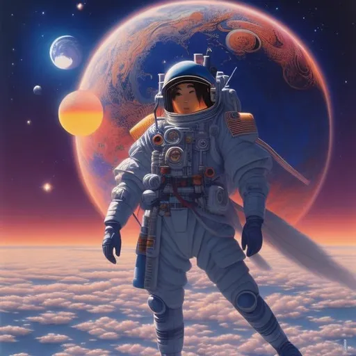 Prompt: Naoyuki Kato, Yoshikazu Yasuhiko, Surreal, mysterious, bizarre, fantastical, fantasy, Sci-fi fantasy, anime, crystal geyser, beautiful girl in space suit, perpetually reversing clock, gigantic moon faintly visible in the blue sky, detailed masterpiece perspectives 