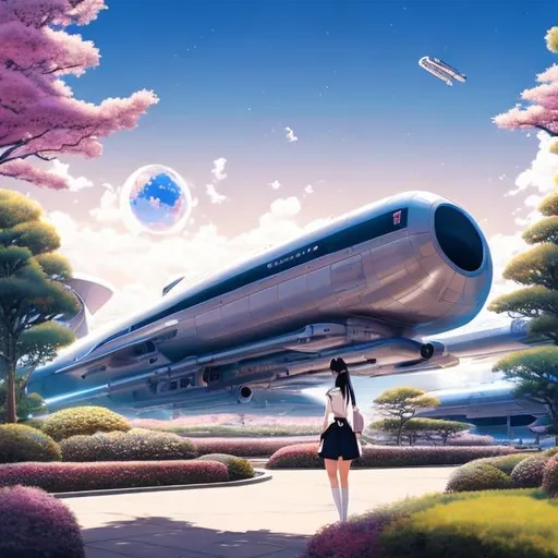 Prompt: Jessie M. King, Kitawaki Noboru, Surreal, mysterious, strange, fantastical, fantasy, Sci-fi, Japanese anime, analysis of a beautiful girl in a miniskirt using perspective and three-point perspective, perfect voluminous body, space station in the garden, detailed MAs 